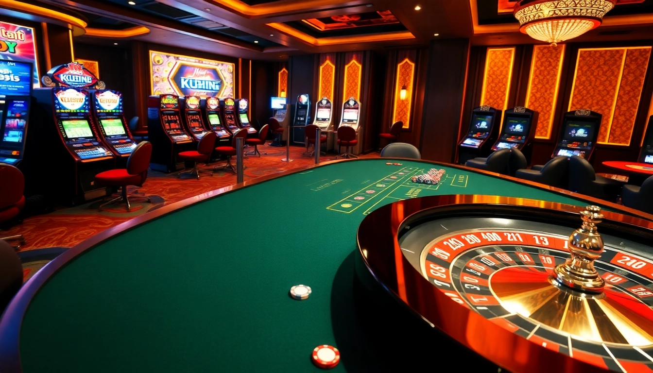 Experience thrilling games at Nhà cái Kuwin's dynamic casino setup with roulette and slots.