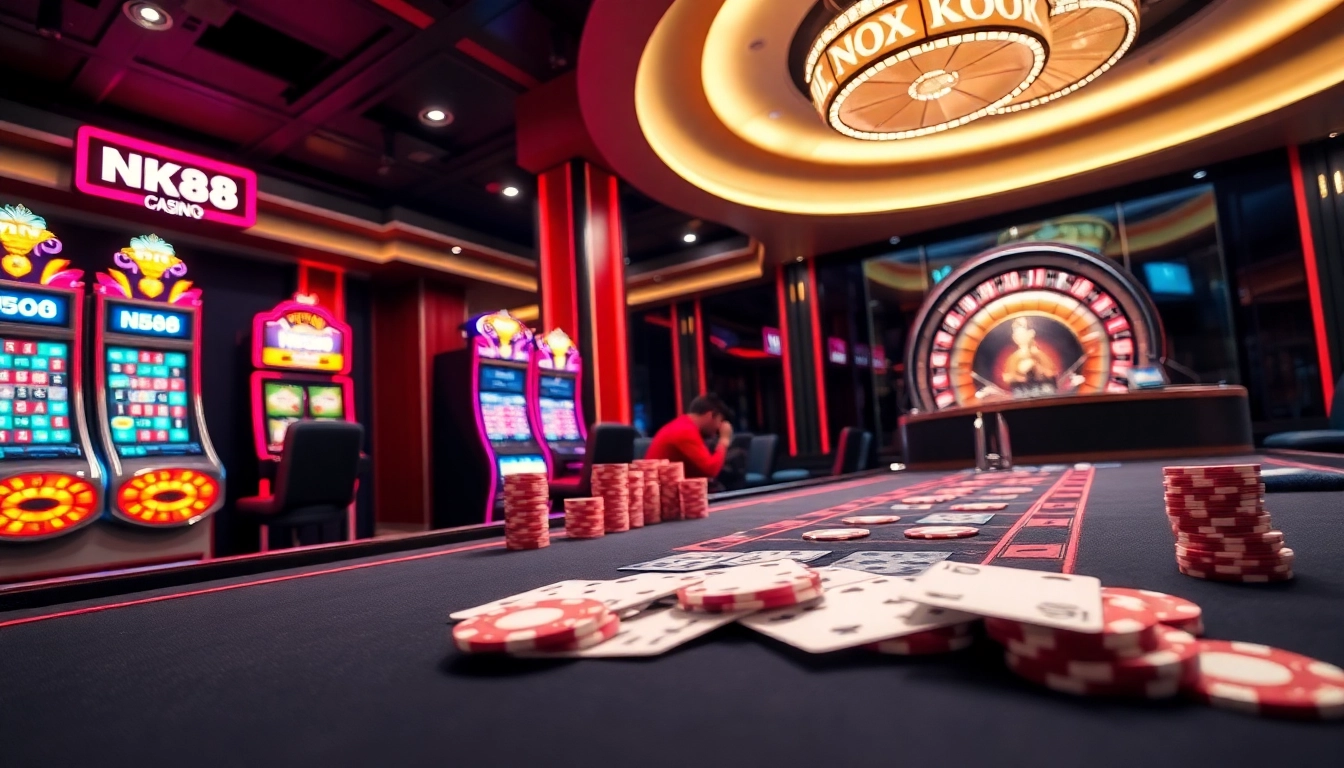 Engage with thrilling casino gameplay at NK88 with vibrant tables and colorful chips.