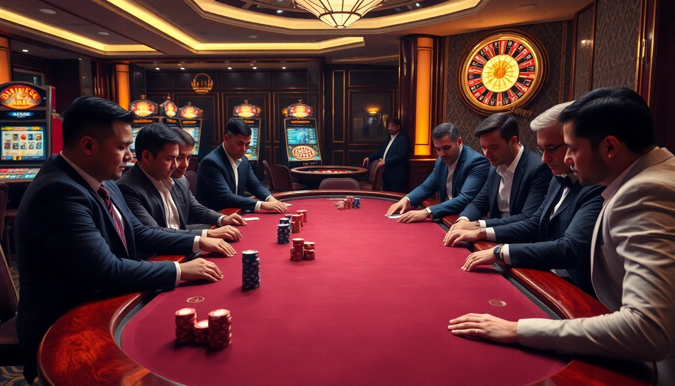 Players intensely strategizing at a poker table, showcasing the thrill of online gambling at https://win678.art/.
