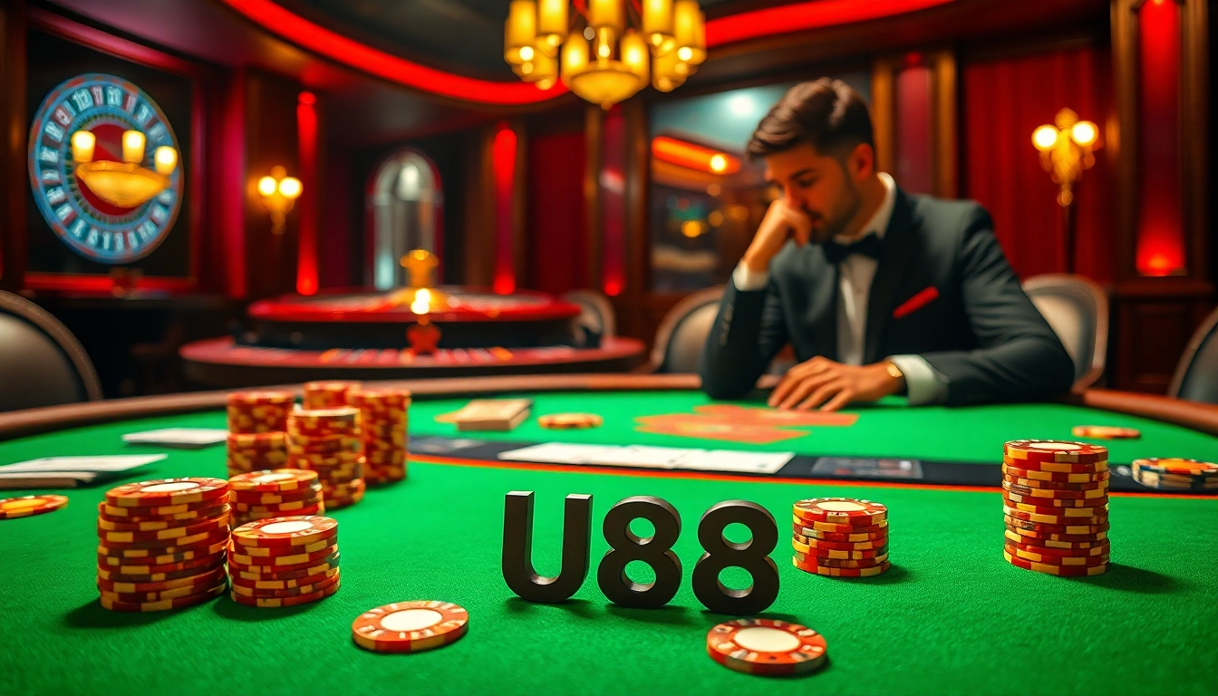 Experience high-stakes poker at U88 casino, featuring glamorous tables and vibrant poker chips.