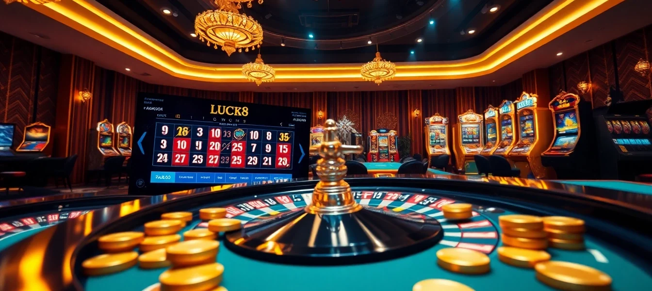 Experience the excitement of online gambling at Nhà cái Luck8 with a vibrant casino atmosphere featuring roulette and slot machines.