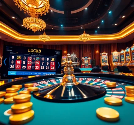 Experience the excitement of online gambling at Nhà cái Luck8 with a vibrant casino atmosphere featuring roulette and slot machines.
