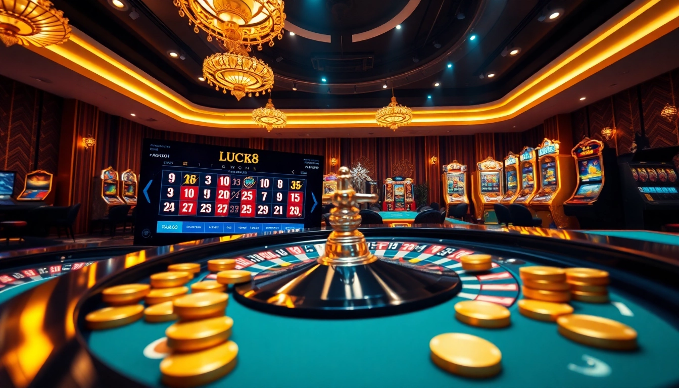 Experience the excitement of online gambling at Nhà cái Luck8 with a vibrant casino atmosphere featuring roulette and slot machines.