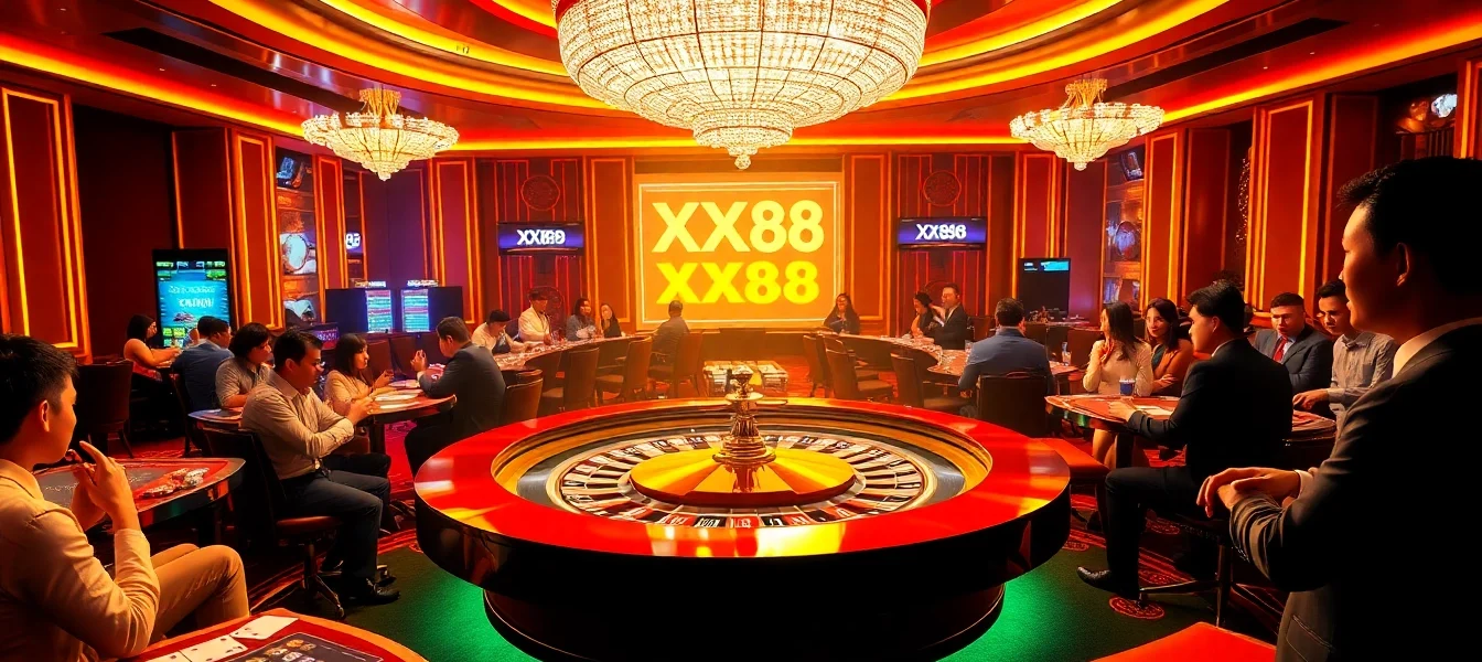 A thrilling casino scene with players at the XX88 roulette table, showcasing excitement and luxurious decor.