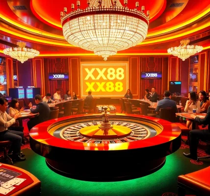 A thrilling casino scene with players at the XX88 roulette table, showcasing excitement and luxurious decor.
