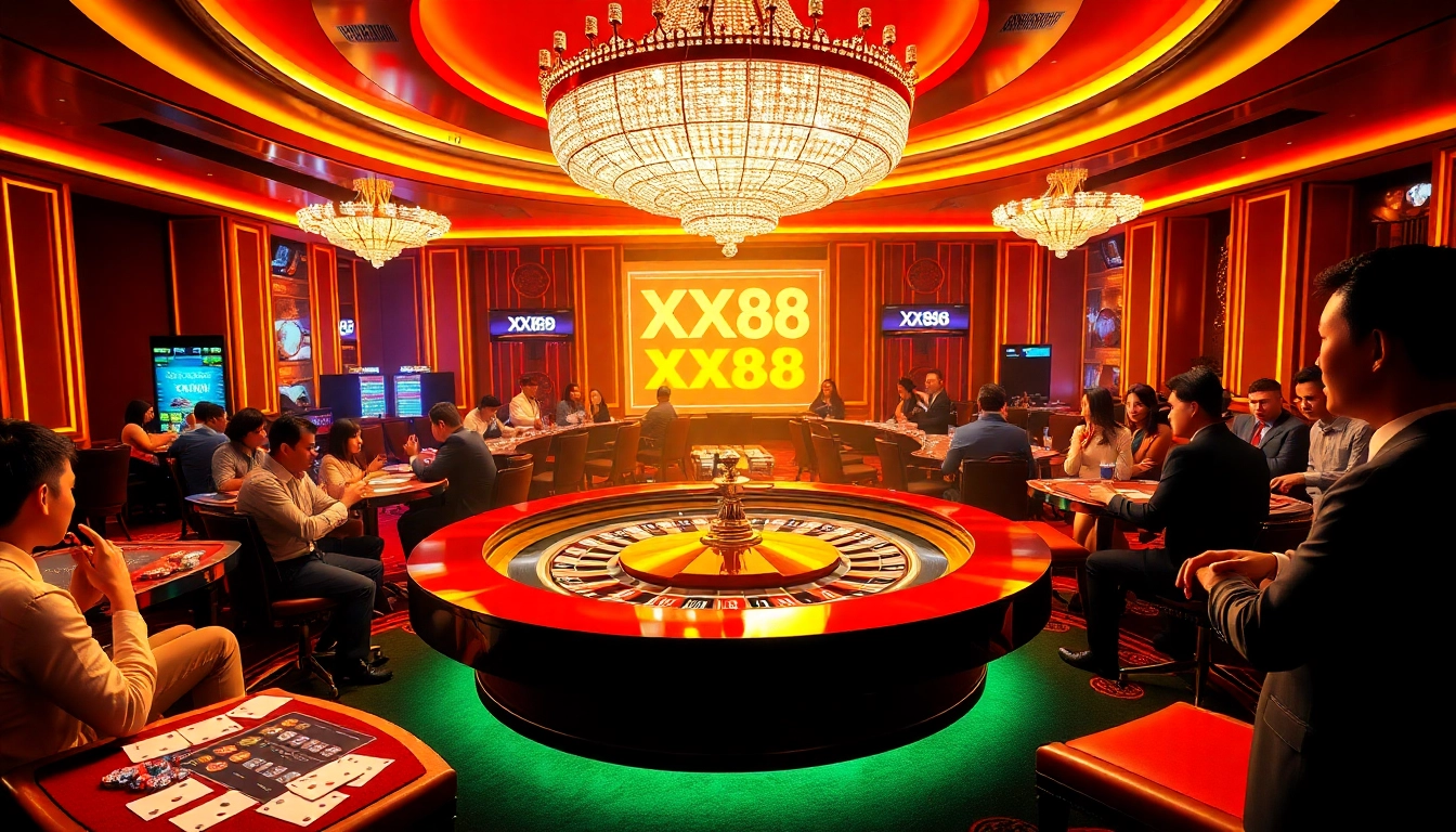 A thrilling casino scene with players at the XX88 roulette table, showcasing excitement and luxurious decor.