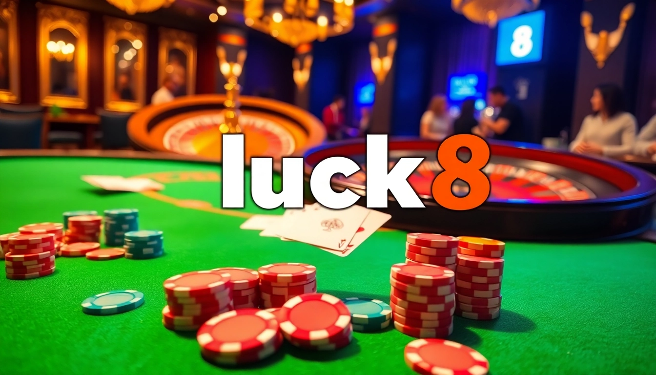 Experience the thrill of luck 8 at a luxurious casino table with poker chips and a spinning roulette wheel.