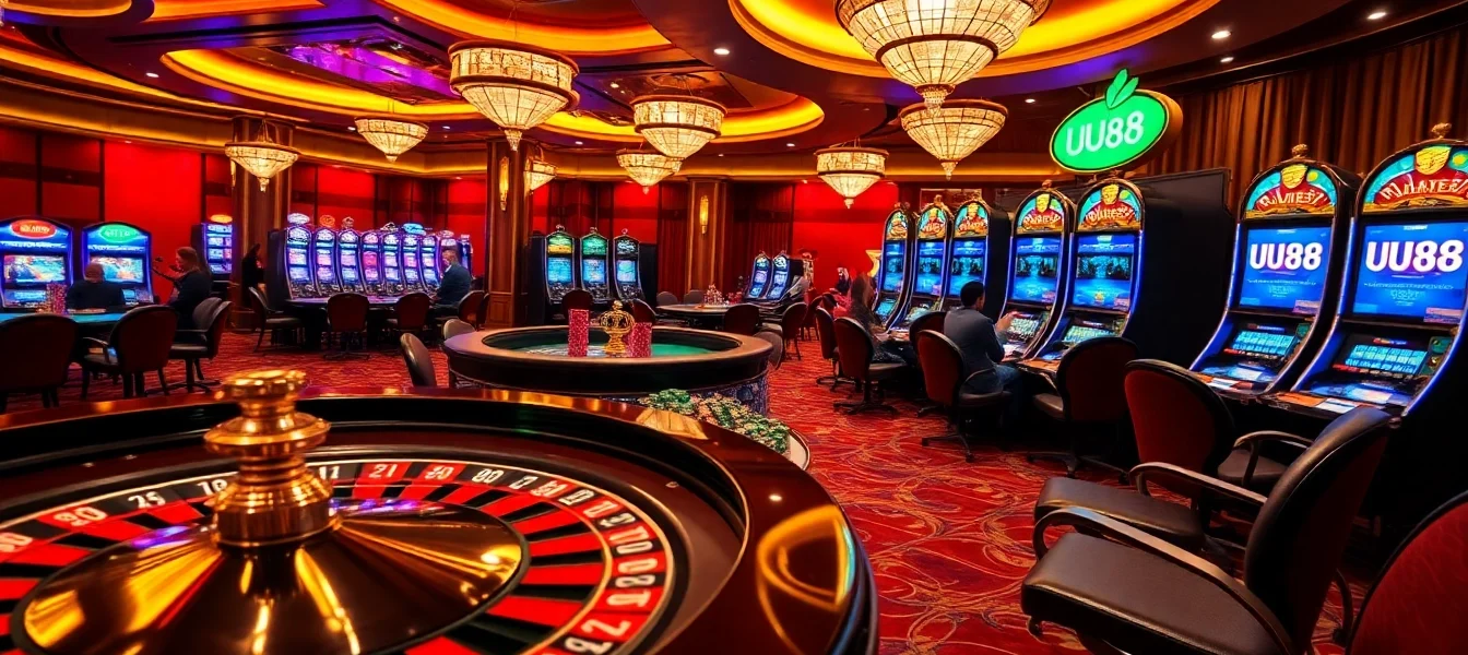 Exciting gambling scene at UU88 casino featuring poker, roulette, and vibrant slot machines.