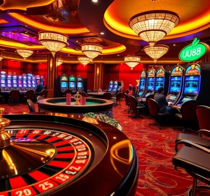 Exciting gambling scene at UU88 casino featuring poker, roulette, and vibrant slot machines.