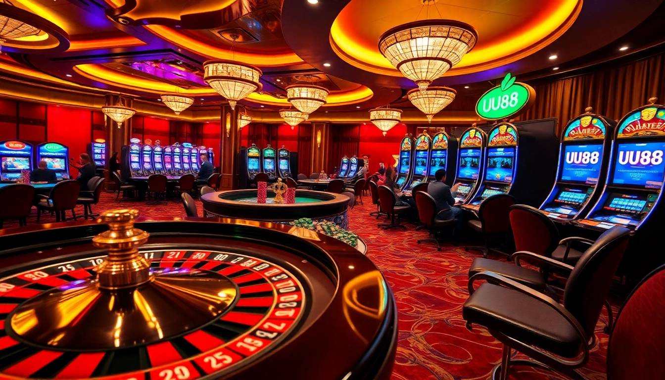 Exciting gambling scene at UU88 casino featuring poker, roulette, and vibrant slot machines.
