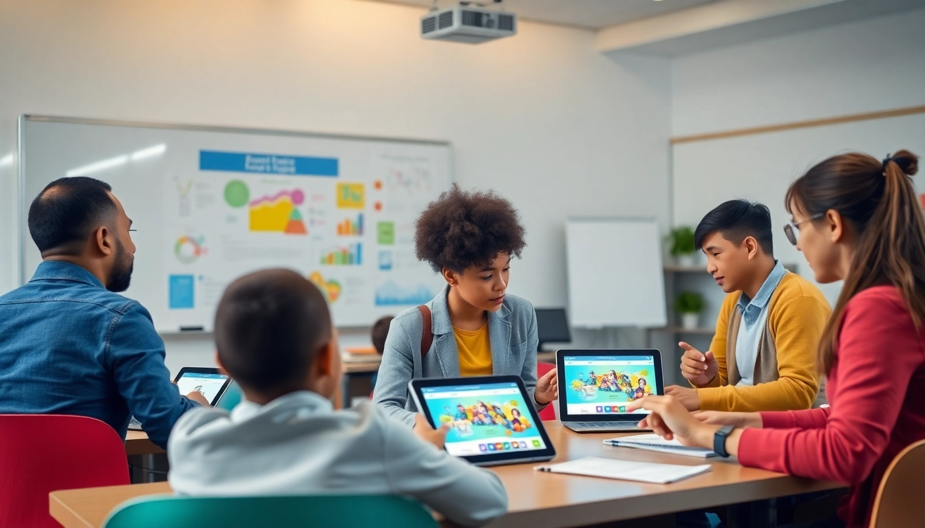 Education environment showcasing diverse students engaged in collaborative learning with modern tools.
