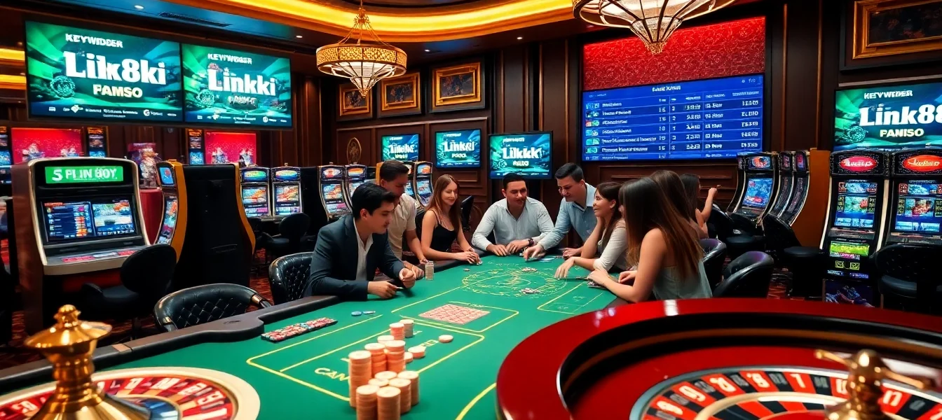 Exciting gambling scene featuring link 88i at vibrant casino tables with poker chips and slot machines.