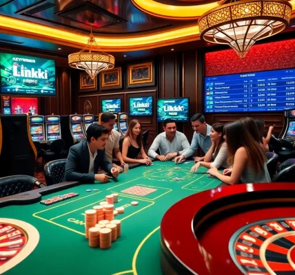 Exciting gambling scene featuring link 88i at vibrant casino tables with poker chips and slot machines.