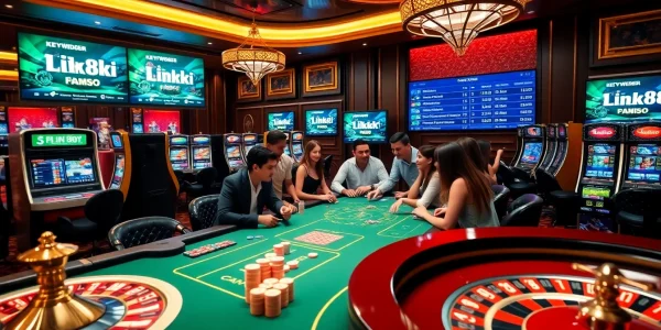 Exciting gambling scene featuring link 88i at vibrant casino tables with poker chips and slot machines.