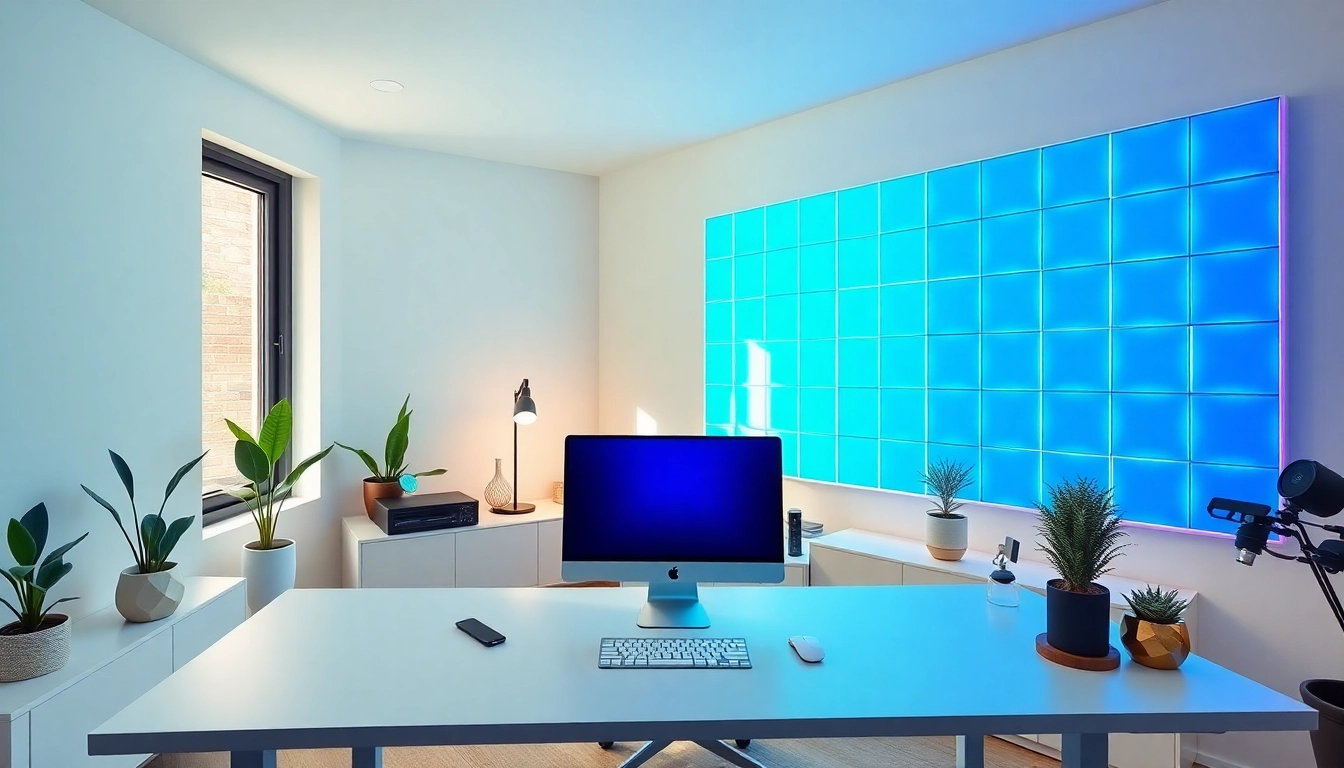 Enhanced workspace showcasing Nanoleaf Block Test panels in a modern home office setting.