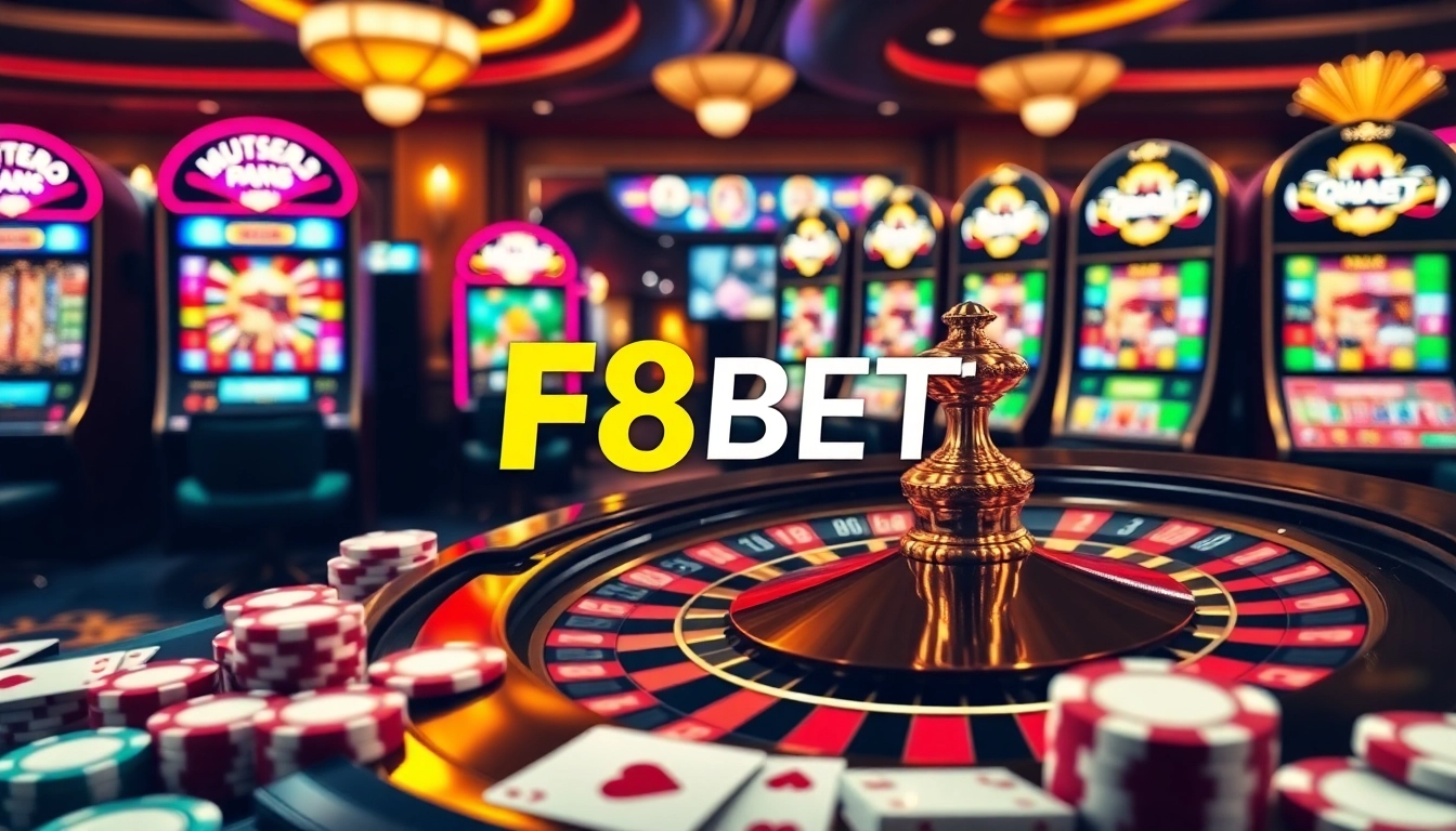 A vibrant casino scene with various gaming elements showcasing F8BET's luxurious online gambling experience.