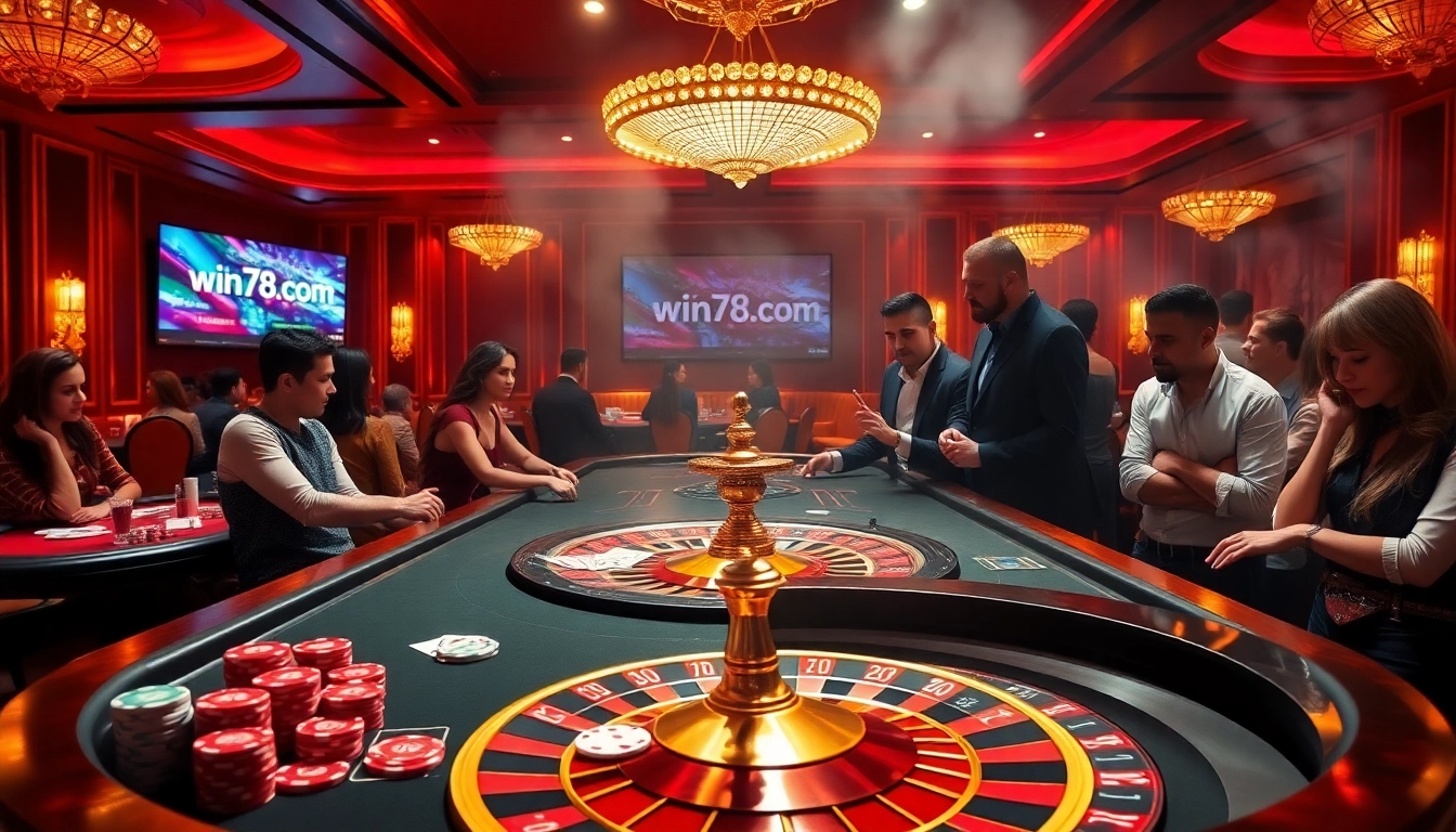 A thrilling gaming experience at win78.com with vibrant poker chips, cards, and a dazzling roulette wheel in a luxurious casino setting.