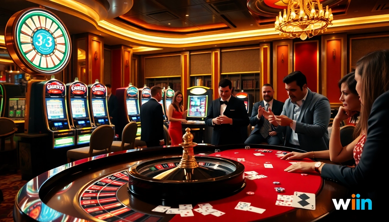 Players enjoying thrilling games at 33win casino, featuring a vibrant roulette table and slot machines.