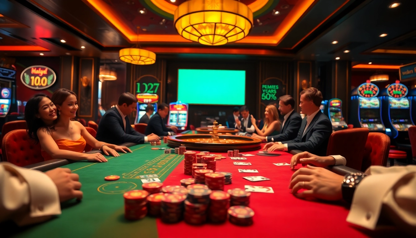 Players at a poker table enjoying a game at https://lucky88.bike/ in a luxurious casino setting.