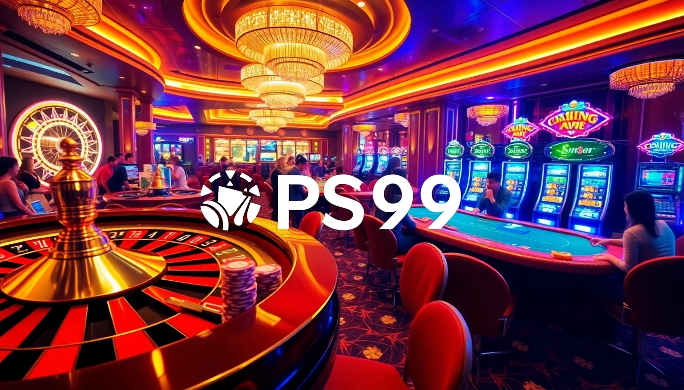 Experience thrilling casino action at PS99 with poker chips, roulette wheel, and eager players.