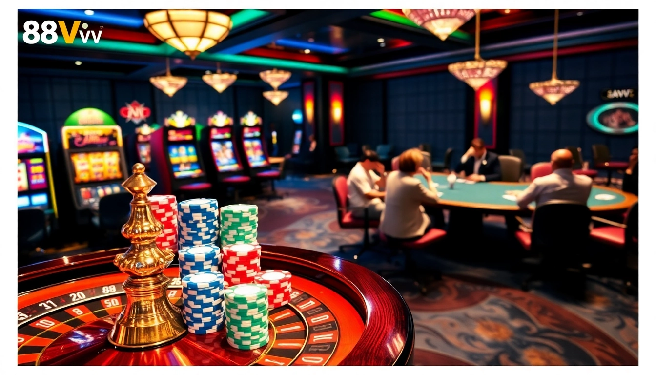 Players strategizing at a roulette table in the luxurious 88VV casino atmosphere.