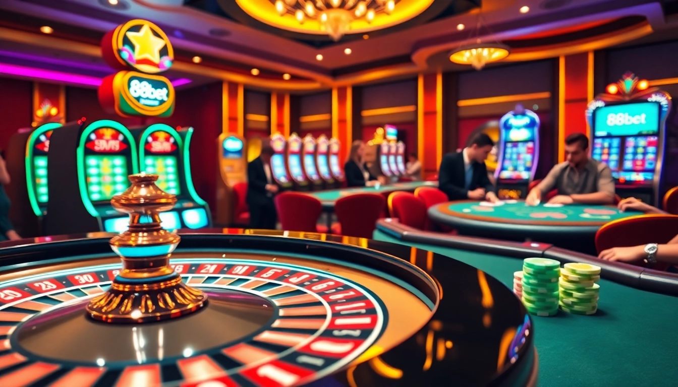 Engage in the excitement of a casino scene showcasing 88bet with roulette, blackjack, and colorful poker chips.