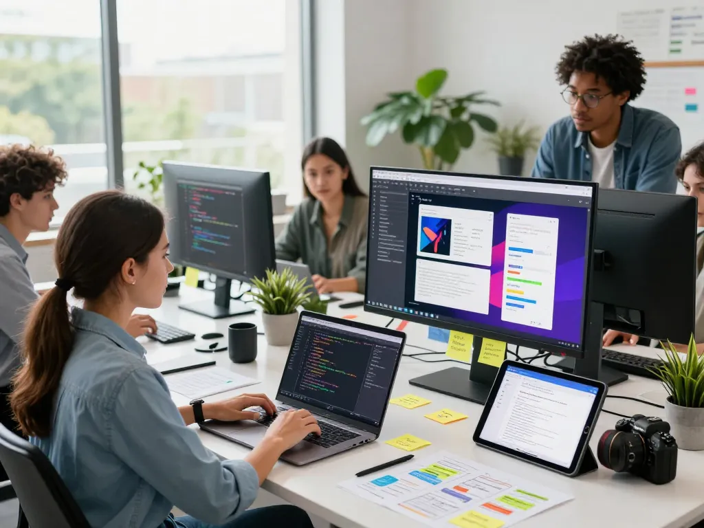 Diverse tech professionals collaborating in a modern workspace using 谷歌浏览器 for web development, showcasing coding and design.