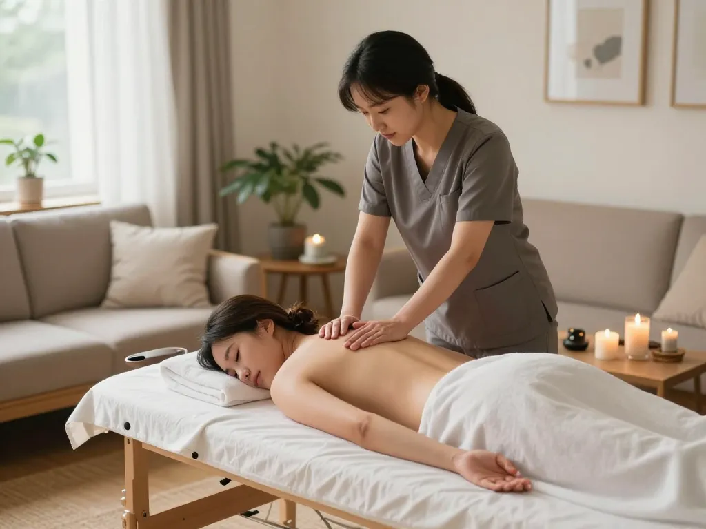 편안한 마사지를 제공하는 치료사와 함께 아늑한 가정 환경에서 설정된 송파출장안마 세션.