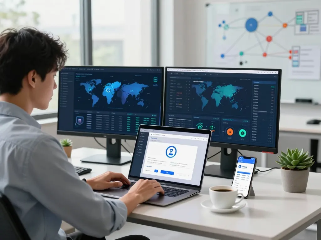 快连下载过程在现代科技工作环境中，展示网络性能的数字设备和图表。