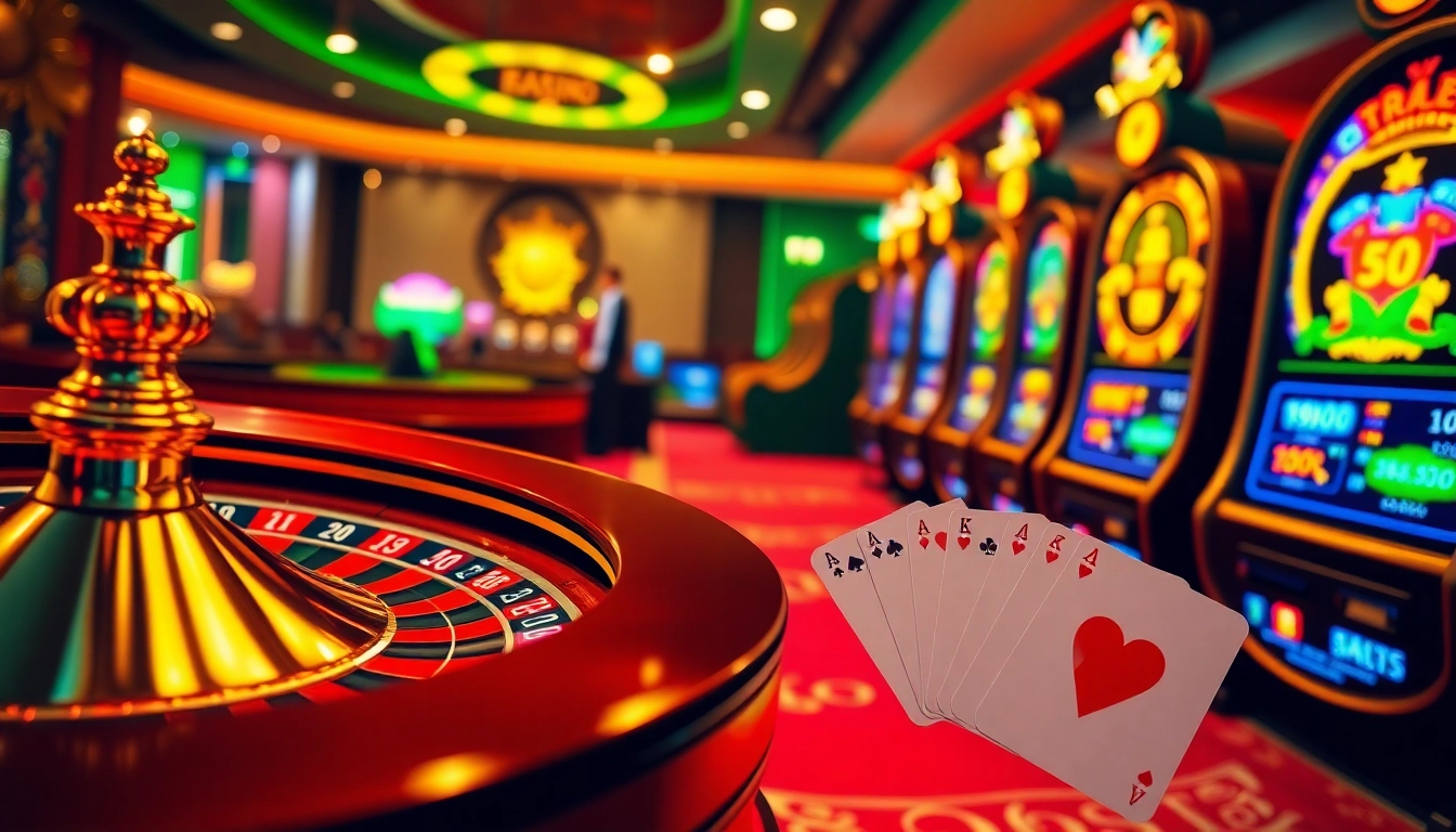 Xocdia88 online gambling interface featuring vibrant casino elements like roulette wheels and slot machines.