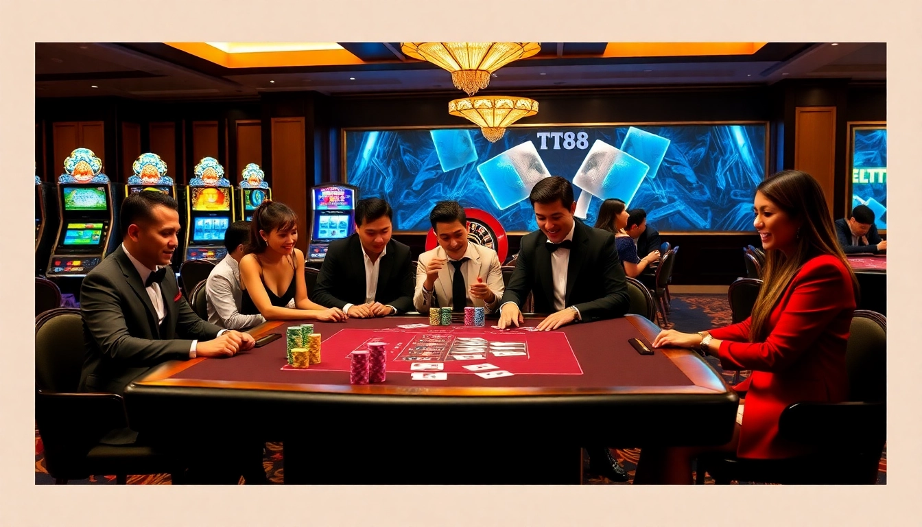 Experience the thrill of TT88 at a luxurious casino table with vibrant poker chips and cards.