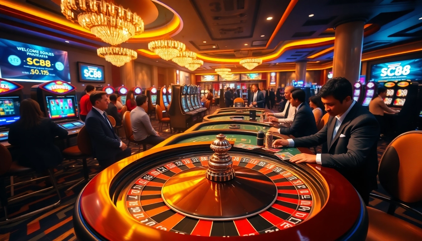 SC88 presenting a thrilling casino scene with players engaged in poker and roulette.