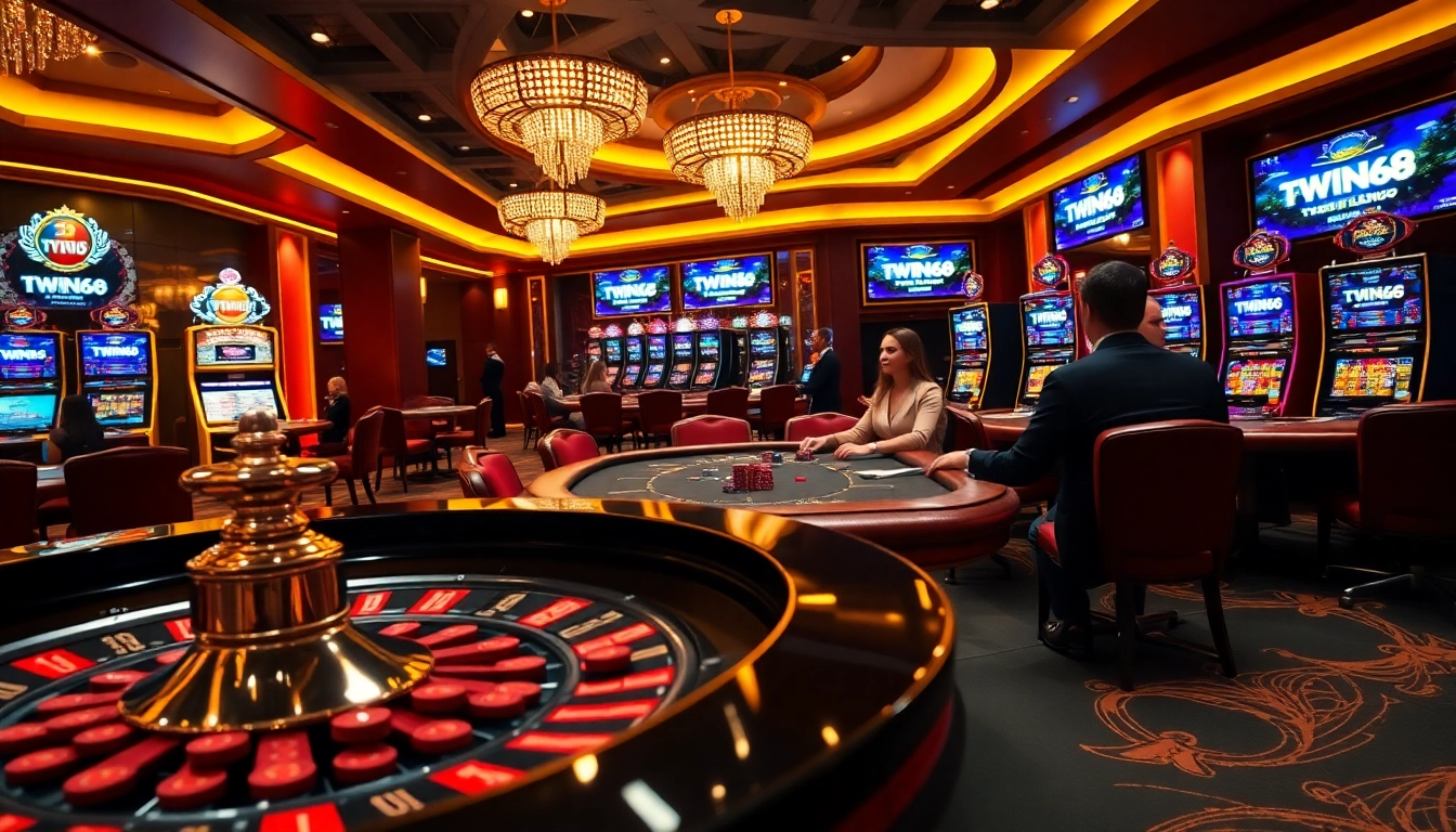 TWIN68 casino scene showcasing players at roulette, poker tables, and vibrant slot machines.