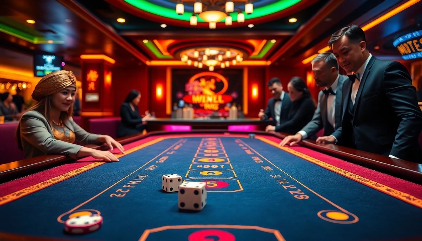 Players enjoying a thrilling round of tài xỉu md5 in a luxurious casino environment with vibrant colors.