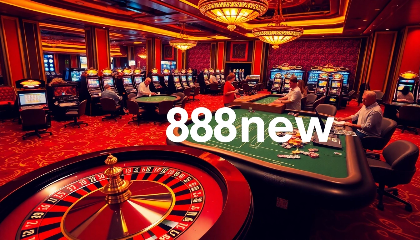 Exciting casino scene showcasing 888new with poker tables and a roulette wheel amidst luxury.