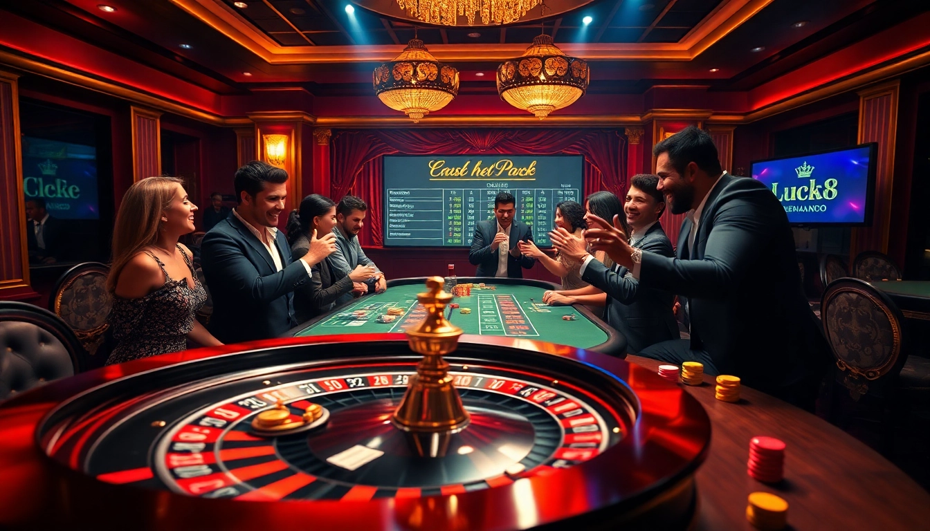 Players enjoying a thrilling Luck8 casino experience with a vibrant roulette wheel and poker action.