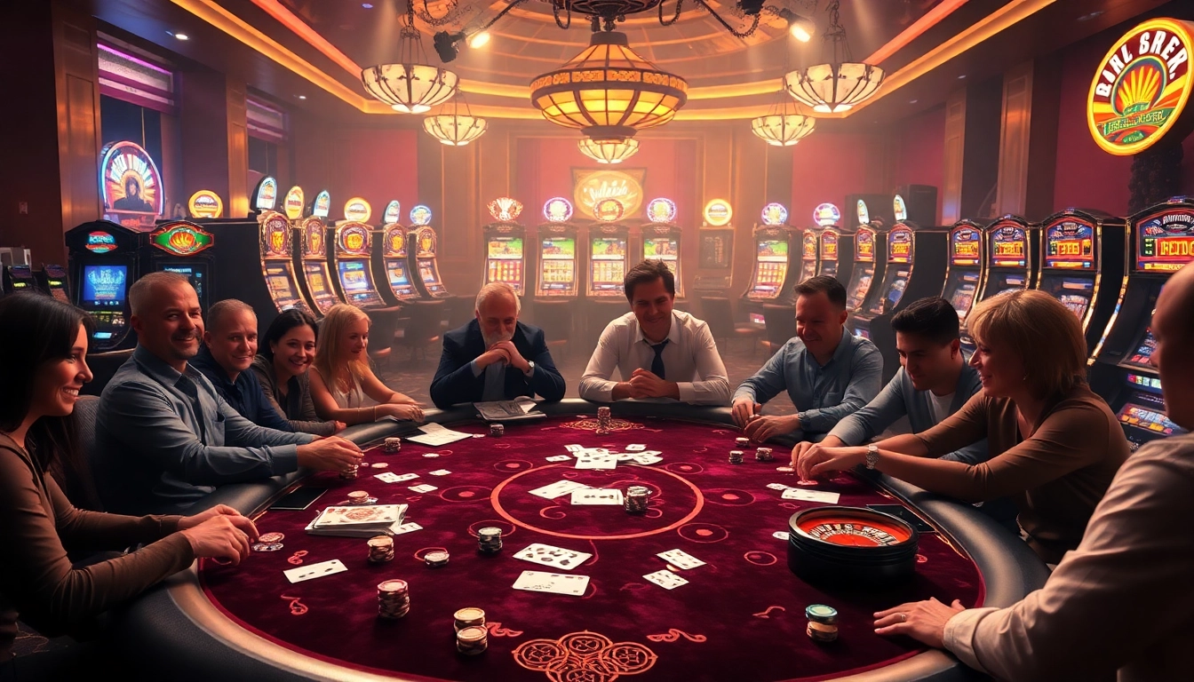 Epic casino scene showcasing players enjoying high-stakes games at https://e2bet-games.org with poker chips and slot machines.