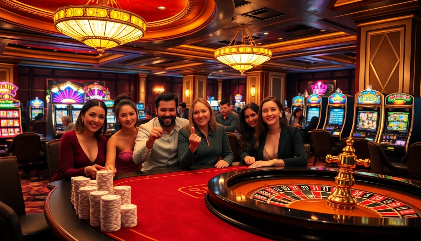 Excited players enjoying high-stakes casino games at 789f, showcasing vibrant slot machines and a roulette wheel.