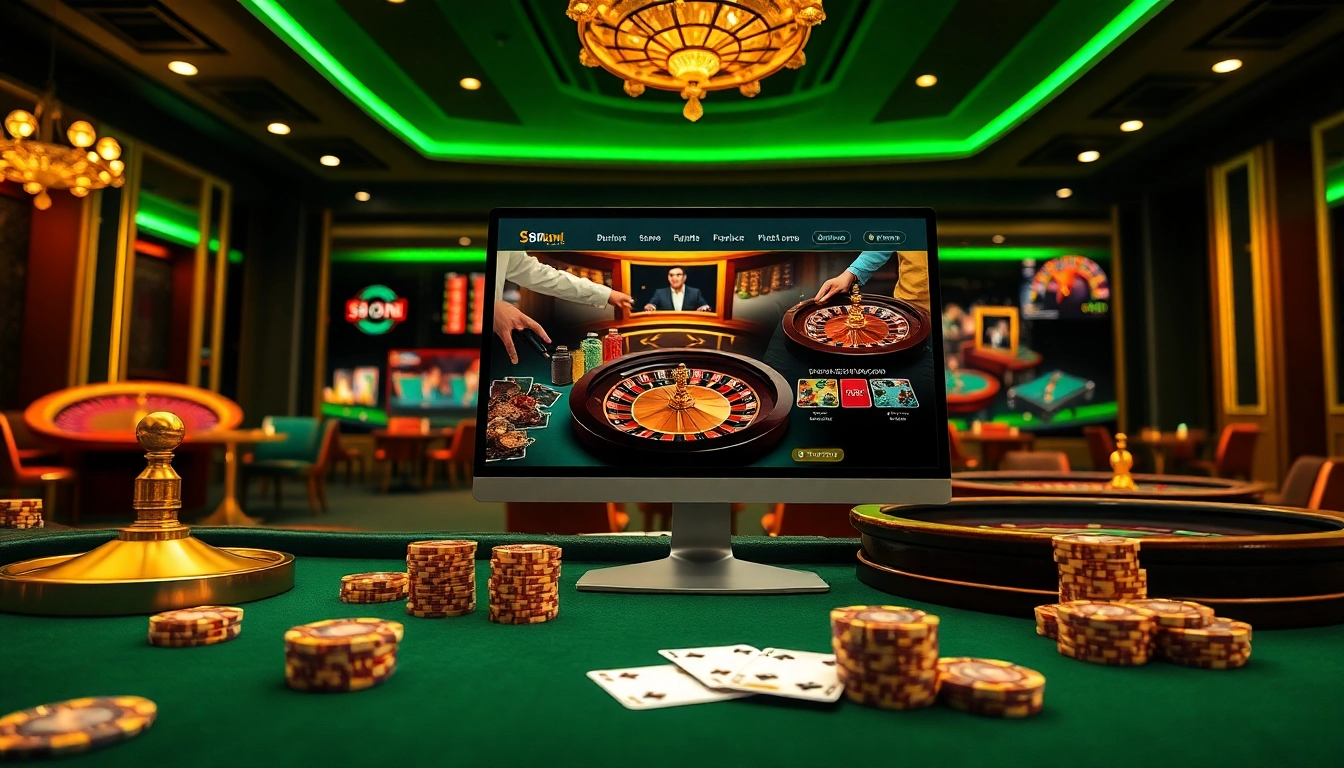 Engage with thrilling games at https://s8onl.com/ featuring poker chips, a roulette wheel, and a vibrant online interface.