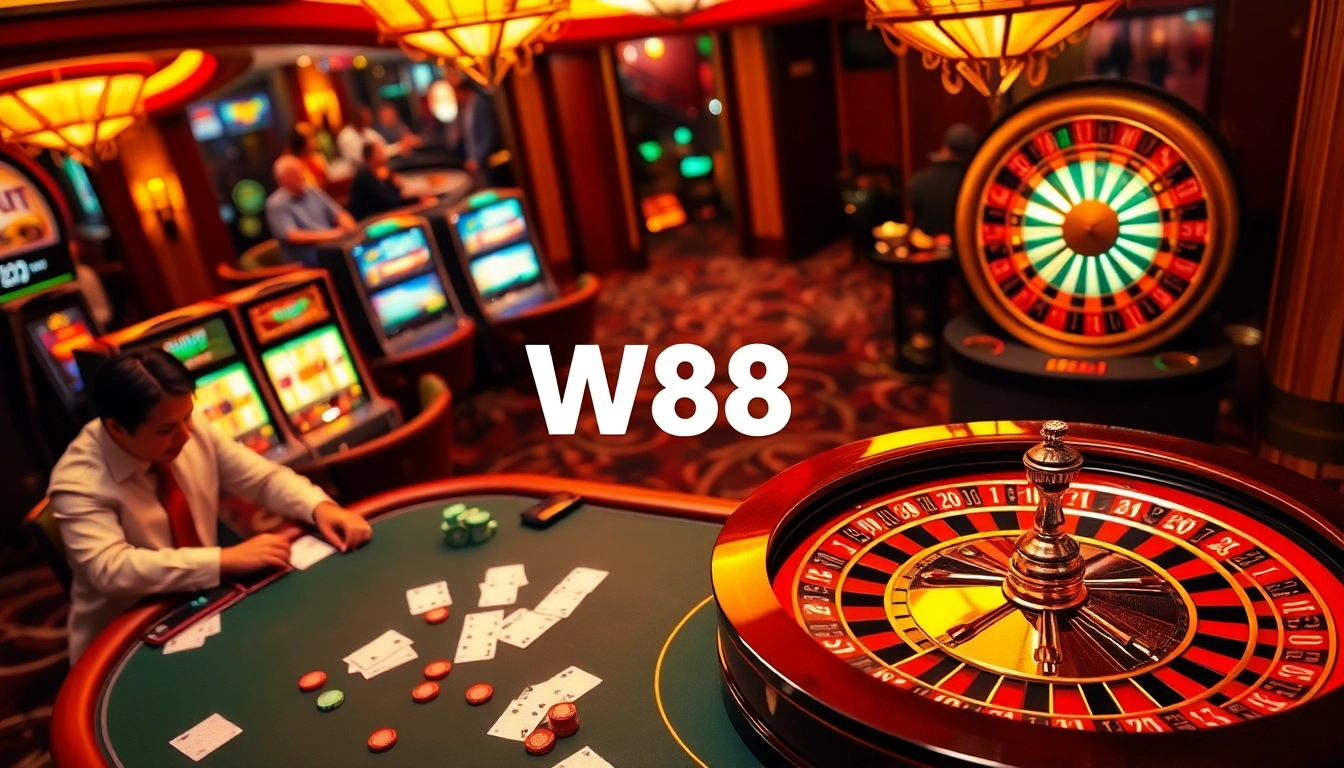 W88 players engaging in intense poker action at a luxurious casino table.