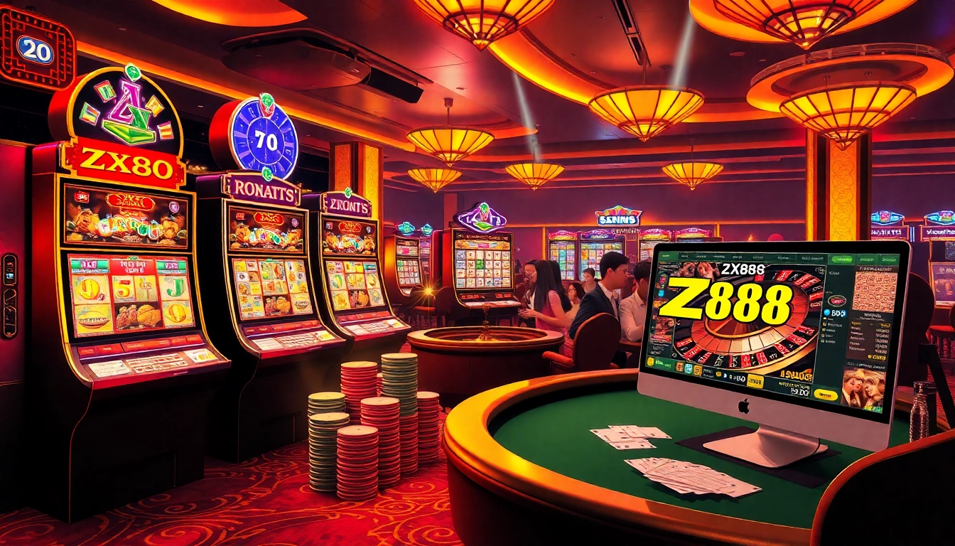 ZX88 casino scene showcasing slot machines, roulette, and excited players celebrating wins.