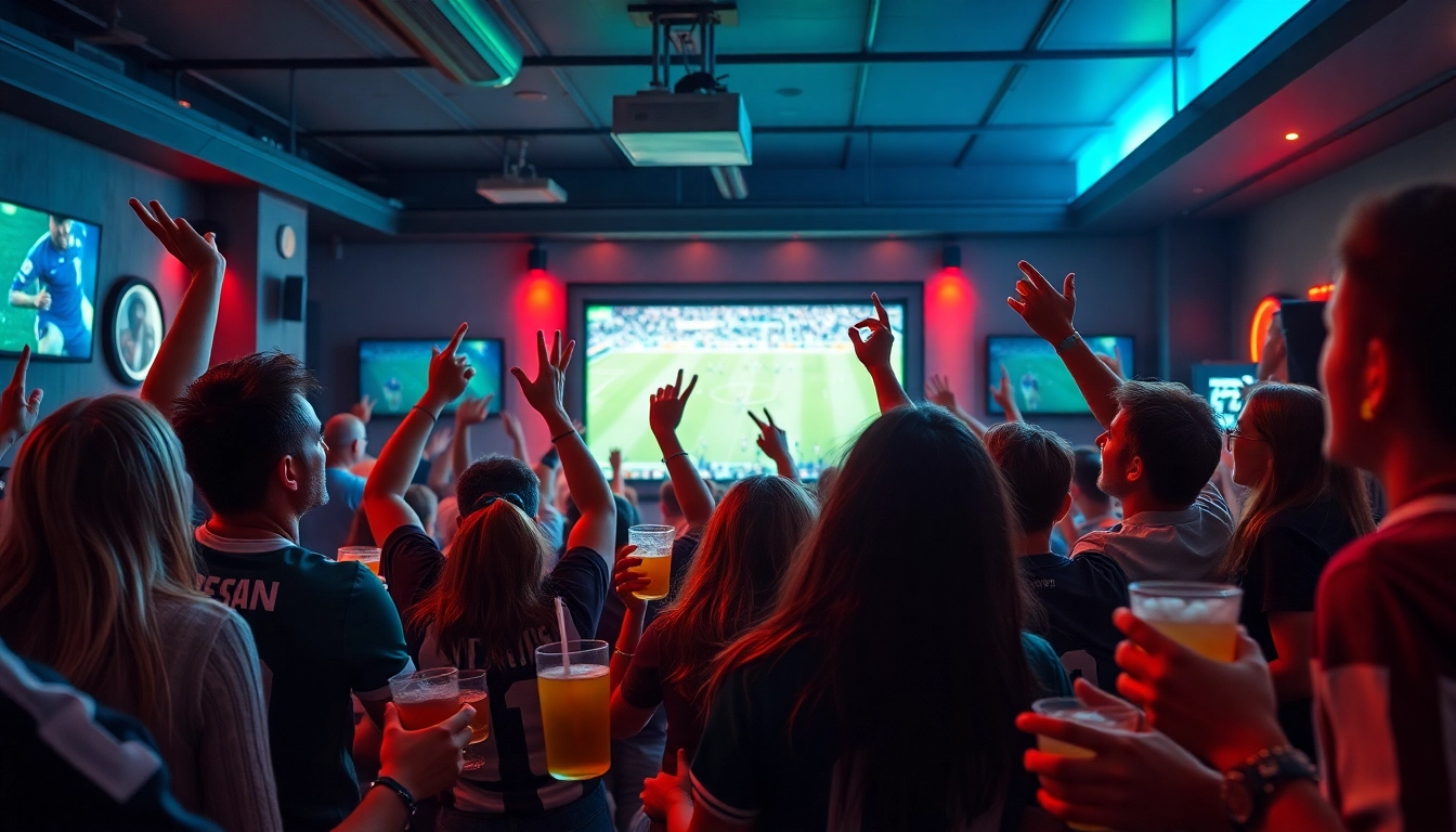 Excited fans enjoying live football streaming on https://okwintv.zone/ at a vibrant sports bar.