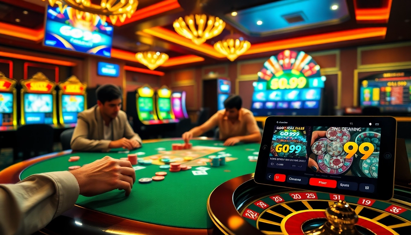 Experience high-stakes excitement at the GO99 casino with players engaging at tables and exciting gaming options.