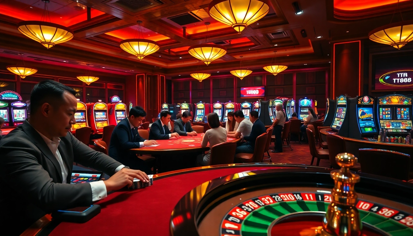 Engage in thrilling gameplay at nhà cái tt88's luxurious casino environment featuring poker and slot machines.