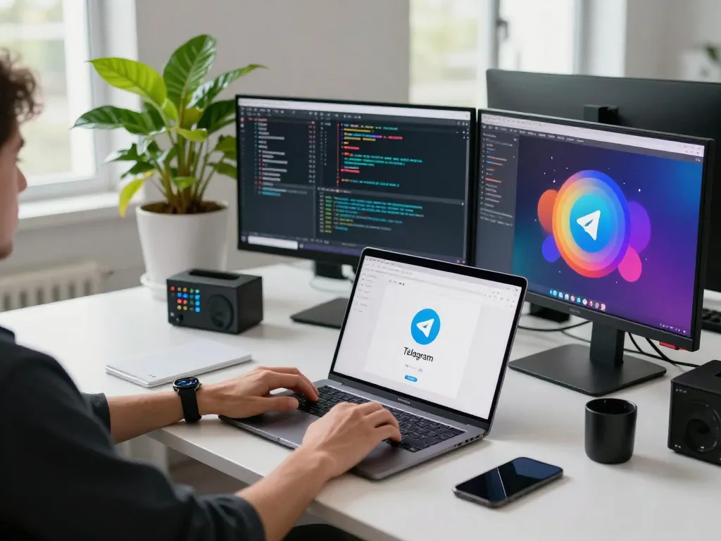 展示在现代科技工作空间中下载Telegram的场景，一位开发人员在笔记本电脑上工作，多个屏幕上显示编码。