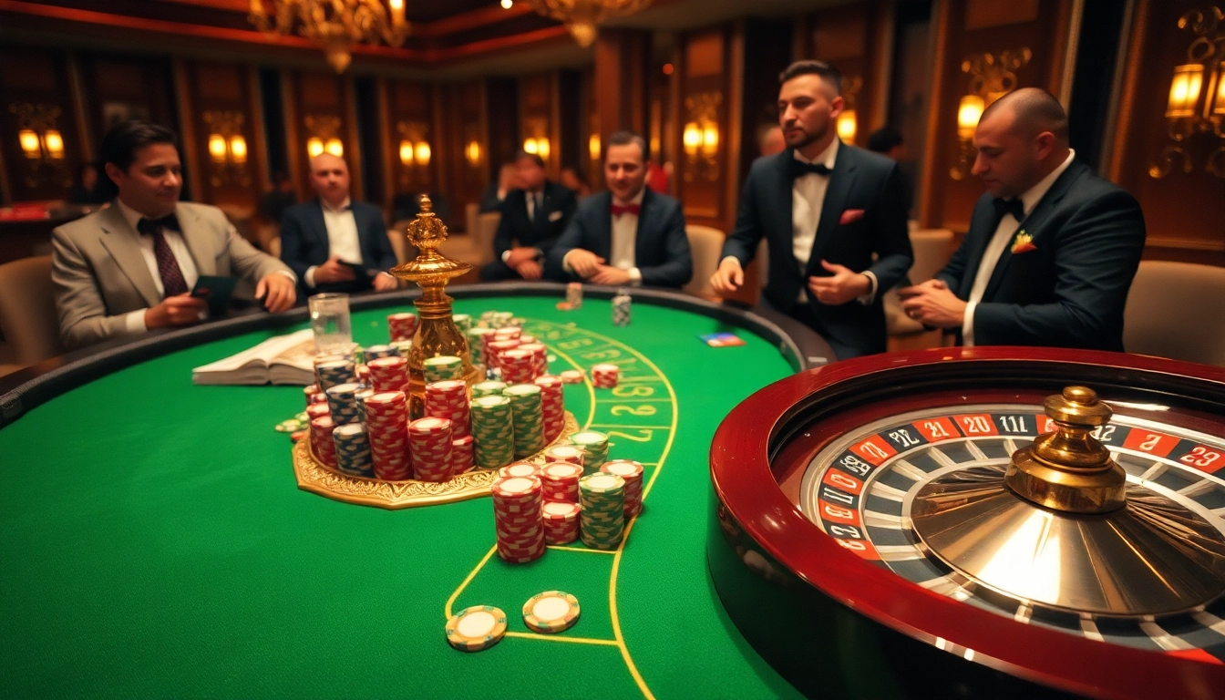 Engaged players strategizing at a luxurious poker table, highlighting tr88 gambling excitement.