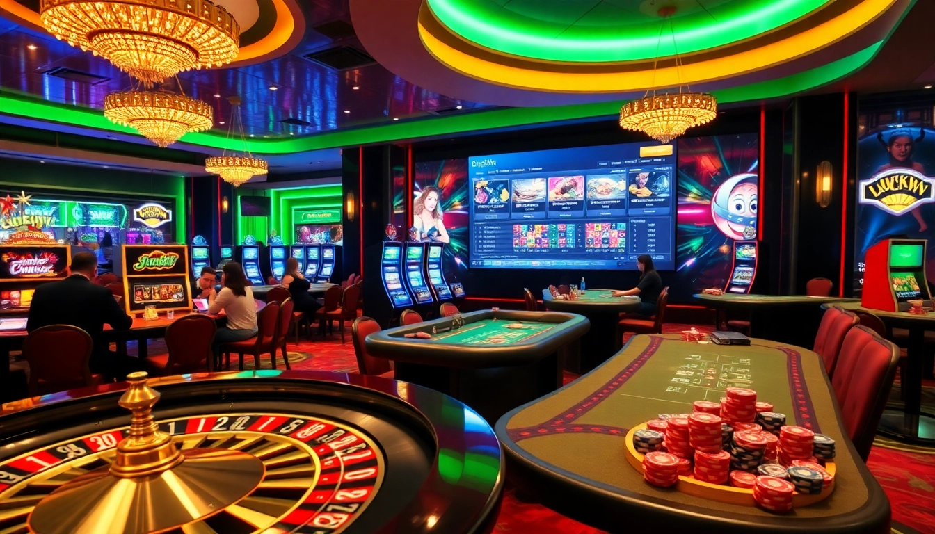 Experience the thrill of luckywin at a luxury casino with vibrant gaming tables and slot machines.