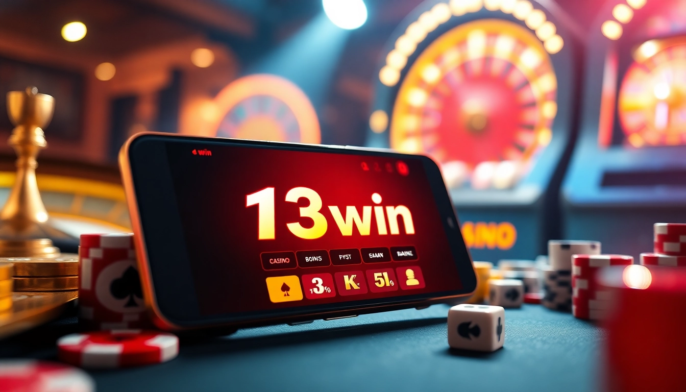 The vibrant 13win app interface displayed on a smartphone amidst lively casino elements like poker chips and roulette wheels.