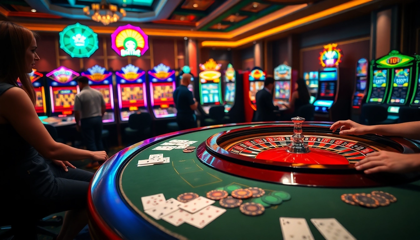 Experience dynamic gameplay at idnslot with colorful casino tables and engaging slot machines.