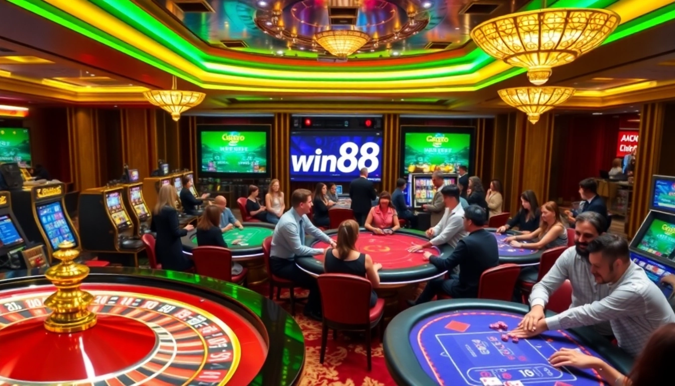Experience the excitement of online gaming at win88.com with a luxurious casino scene filled with vibrant tables and slot machines.
